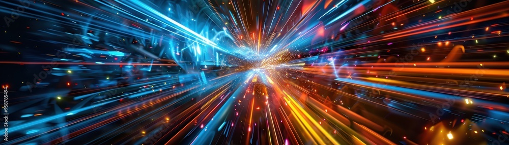 Poster abstract futuristic background featuring vibrant light trails and dynamic motion, showcasing a dazzl
