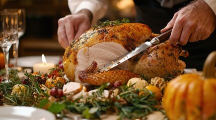 A close-up of a man carving a roasted turkey at a Thanksgiving table, the rich aroma of herbs and spices filling the room, the table set with a mix of vintage and modern decor