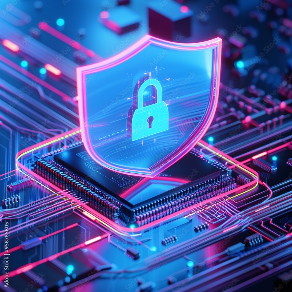 Poster 3d illustration of cybersecurity concept with a glowing shield and lock symbol on a digital microchi