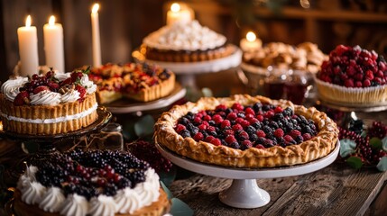 Fototapeta premium A close-up of a Thanksgiving dessert table with a variety of pies, cakes, and fresh berries on a dark wooden background, candles softly glowing
