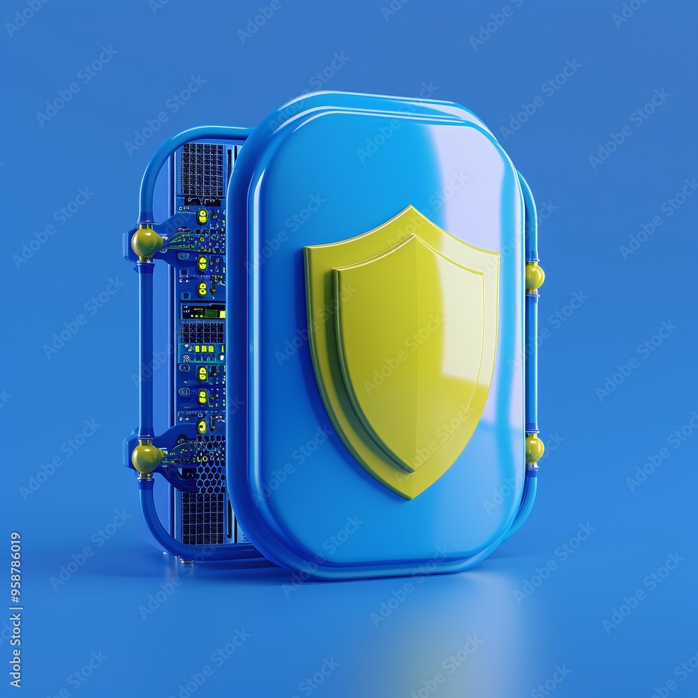 Aufkleber 3d render of a cybersecurity shield protecting a server, symbolizing data protection, cloud security