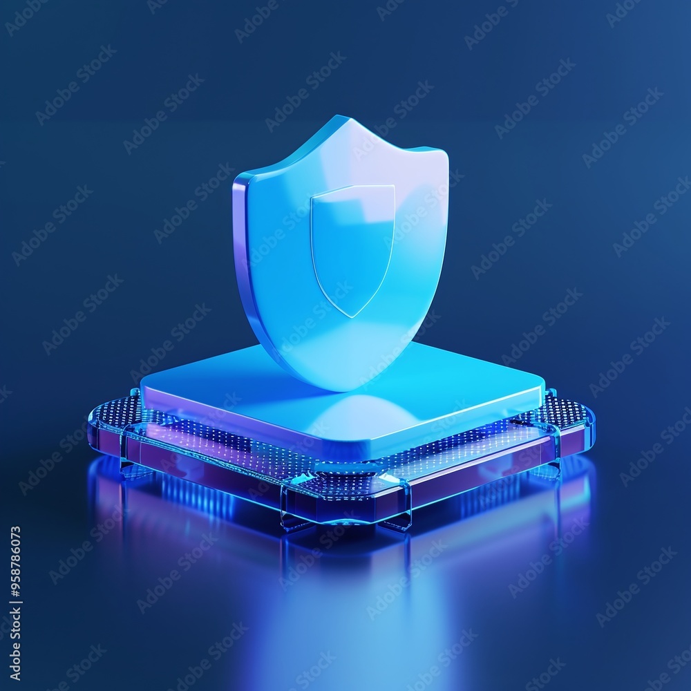 Poster 3d render of a digital security shield over a futuristic platform, representing cybersecurity and da