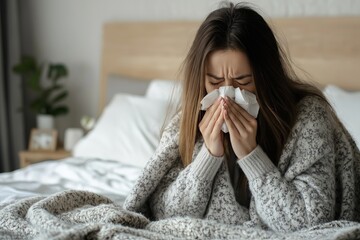 Person sneezing into tissues while wrapped in a thick blanket, feeling sick from cold or flu symptoms in a cozy home setting.

