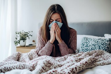 Woman sitting in bed sneezing into a tissue, covered in a cozy blanket, feeling unwell from flu or cold symptoms.

