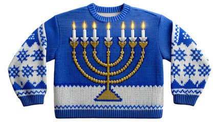 Cozy blue sweater with menorah design for Hanukkah transparent