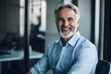 Obraz premium Professional Man with a Warm Smile in Business Casual Attire, in a Contemporary Office with Minimalistic Design, Demonstrating Approach ability and Competence. Ideal for Business and Corporate Themes
