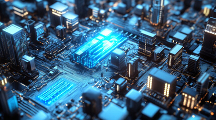 A smart city uses artificial intelligence to manage its buildings, transportation, and other systems. Imagine a futuristic city built inside a computer chip, where AI makes everything run smoothly.