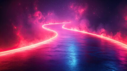 abstract neon backgroun of dynamic lines glowing in the dark room with floor reflection fluorescent ribbon