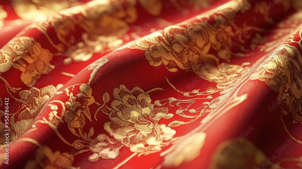 Aufkleber digital rendering of a silk fabric with traditional asian patterns in gold and crimson. the design c
