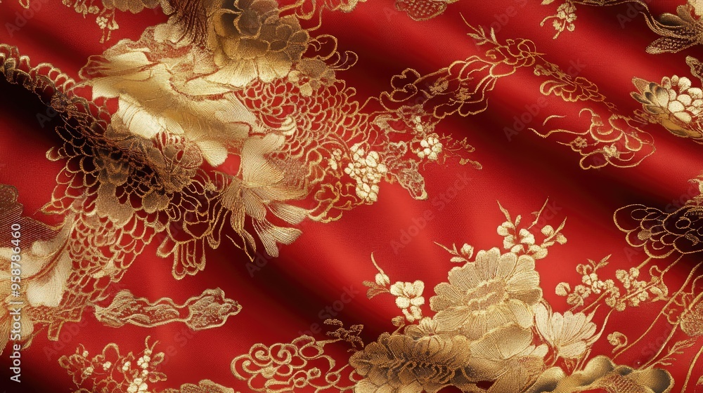 Poster digital rendering of a silk fabric with traditional asian patterns in gold and crimson. the design c