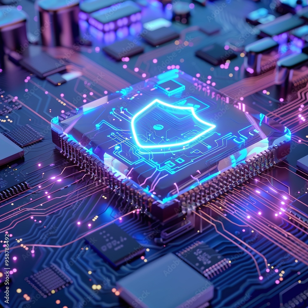 Poster a close-up of a glowing microchip on a circuit board, representing advanced technology and cyber sec