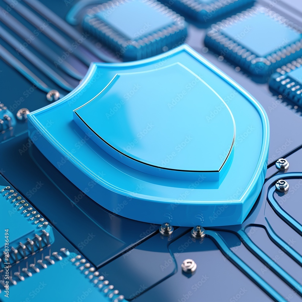 Poster a close-up view of a circuit board with a shield symbol representing cybersecurity and data protecti