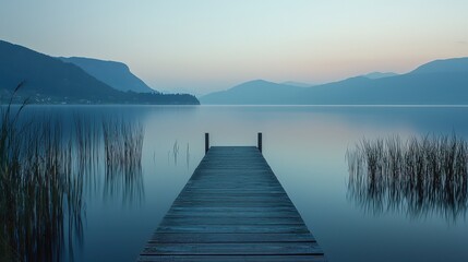 Naklejka premium A serene lakeside landscape at dusk with a wooden dock extending into the still water the sky is a blend of soft pastel colors as the sun sets behind distant mountains creating a peaceful and