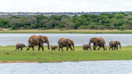Fototapeta premium Elephants walk through a river in the African savanna, with adults guiding a baby elephant near a waterhole on a bright, sunny day