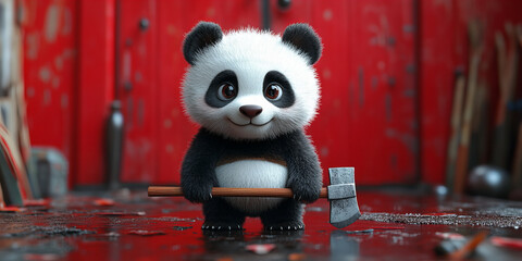 A cute panda holding an axe stands cheerfully in a workshop with a detailed red background filled with tools and woodworking elements