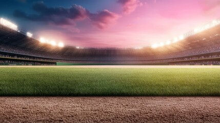 A baseball stadium at dusk, the field lit up as the game begins, with fans enjoying the classic American pastime