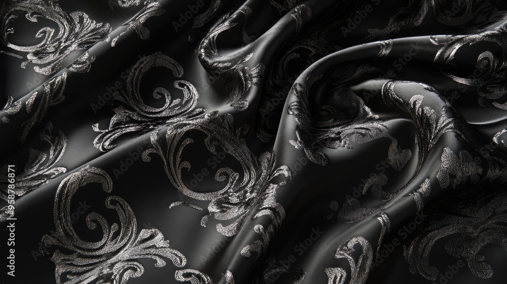 Poster digital rendering of luxurious black silk fabric with intricate baroque patterns in shimmering silve