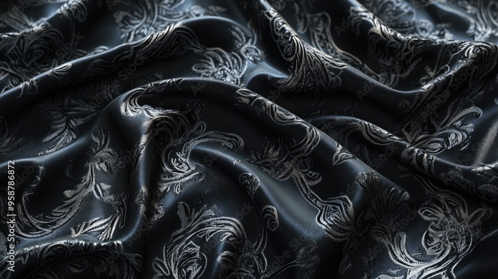 Poster digital rendering of luxurious black silk fabric with intricate baroque patterns in shimmering silve