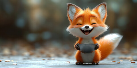 Smiling Fox Holding a Cup, Warm Tones, Soft Lights, Autumn Vibe, Cheerful and Whimsical Mood