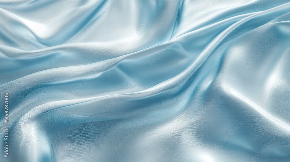 Poster digital rendering of luxurious light blue silk with a subtle, flowing wave pattern in matching tones