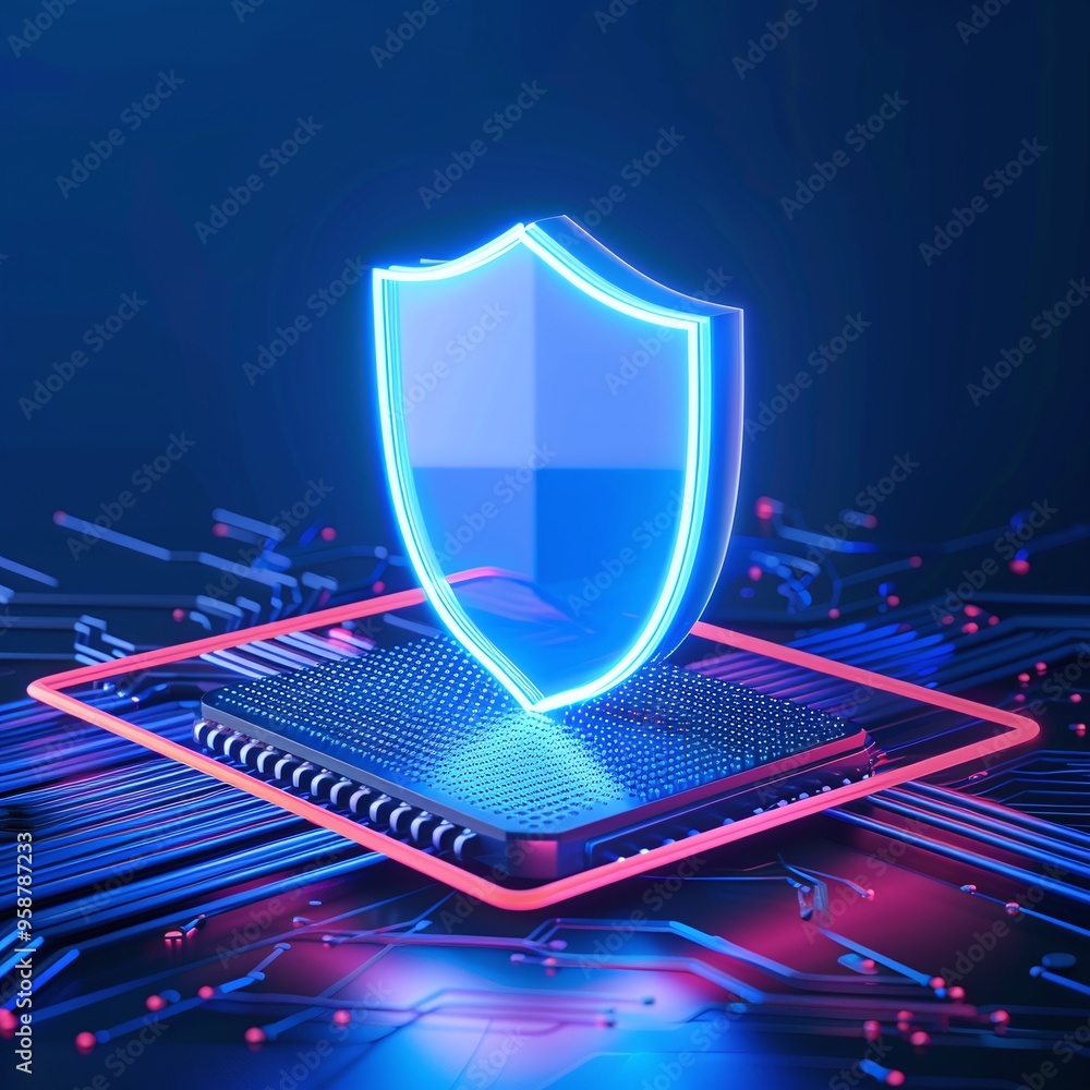 Poster a futuristic shield symbol representing cybersecurity on a circuit board, highlighting digital prote