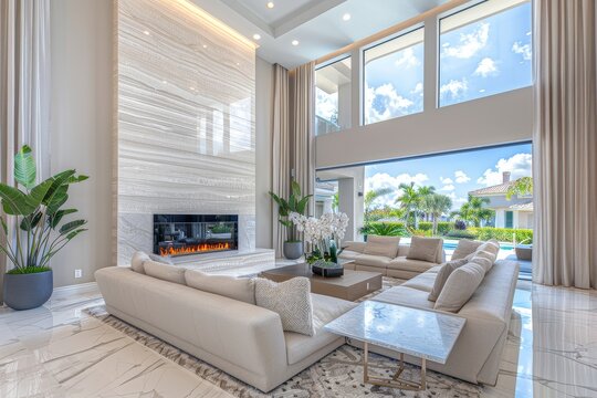 Tall, elegant fireplace in upscale Florida living room with light beige walls, white ceiling, vertical stone tiles, large window with blue sky, comfortable sofas, and coffee table.