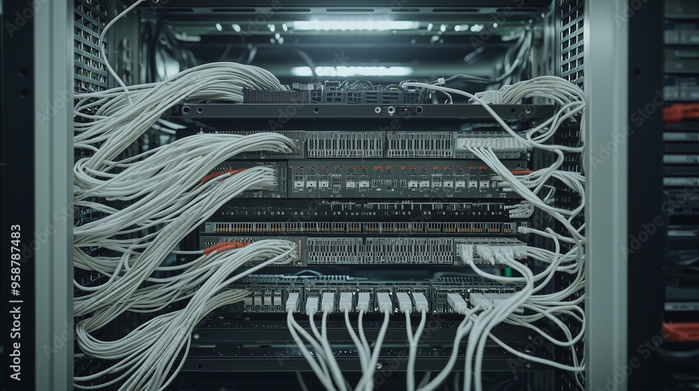 Poster Telecommunication Ethernet Cables Connected to Internet. server room with vibrant neon data streams, symbolizing high-tech connectivity and speed.