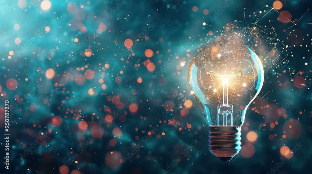 Poster glowing light bulb with abstract network on a dark blue bokeh background.