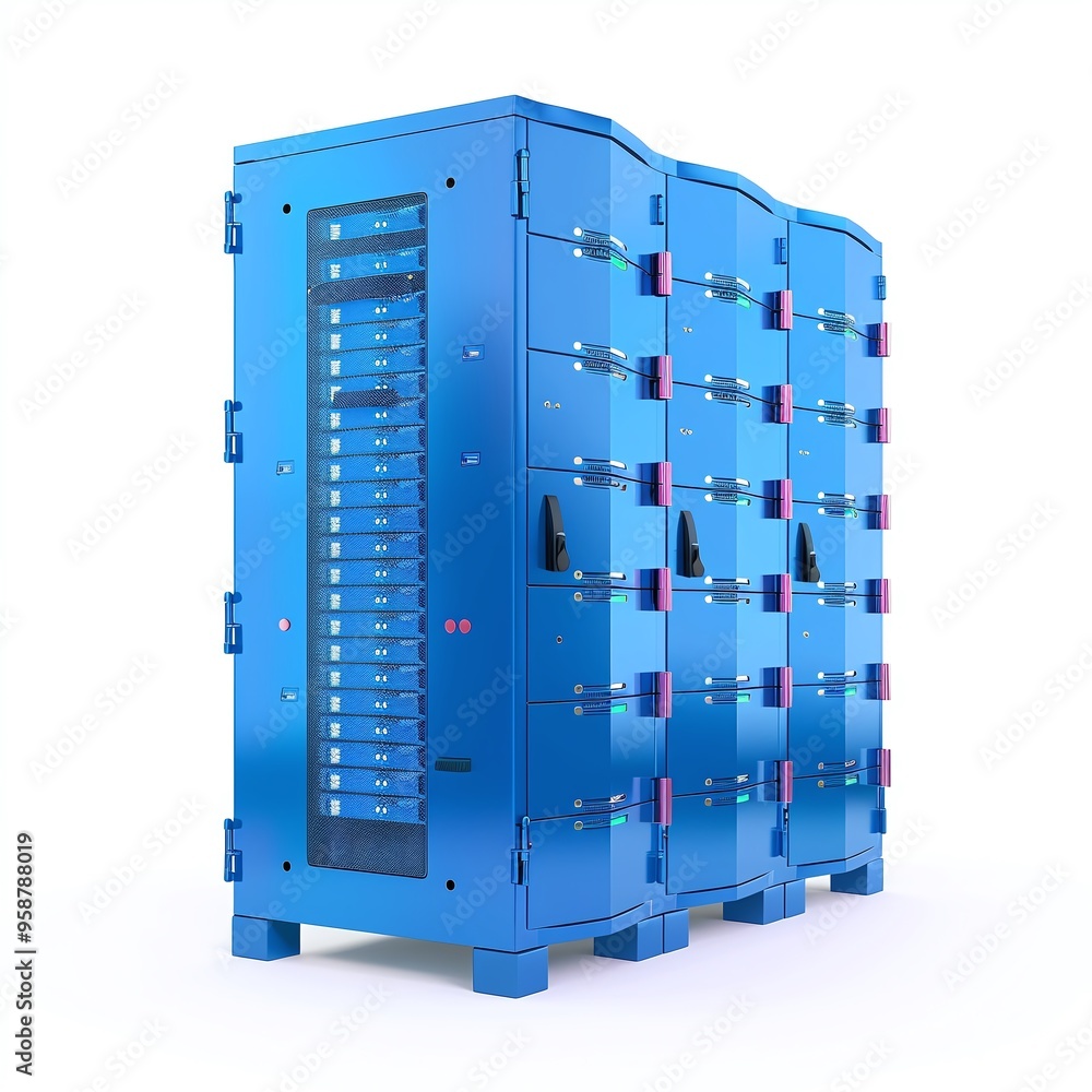 Poster a modern blue server rack with multiple units on a white background, showcasing advanced technology 