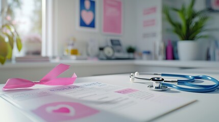A detailed close-up of breast cancer awareness materials, including a pink ribbon, informative brochures, and a stethoscope on a white table, representing medical support and public education in the