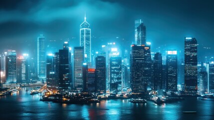 Obraz premium Hong Kong Skyline at Night - Neon Blue