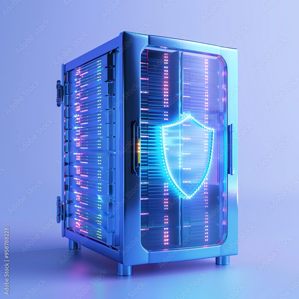 Poster a secure server rack with glowing shield symbol, representing data protection and cybersecurity in a