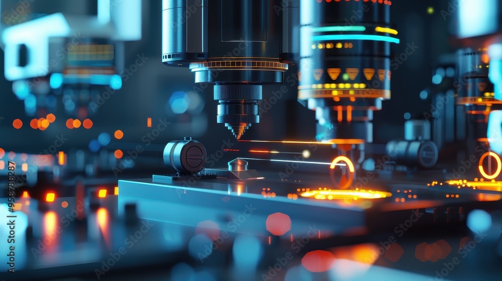 Poster close-up of advanced cnc machine in action with glowing lights, precision engineering in modern manu