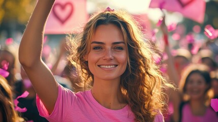 A powerful photo of a woman raising her fist in a victory pose, wearing a pink ribbon t-shirt, standing in front of a crowd of supporters during a breast cancer awareness event, with confetti and