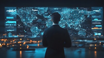 Businessman Looking at Global Logistics Network on Screen