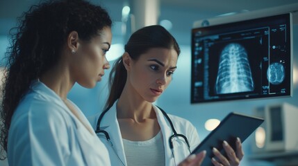 A dynamic image of a female physician explaining a mammography scan to a young woman, using a digital tablet, both looking focused and engaged, set in a modern examination room with medical diagrams