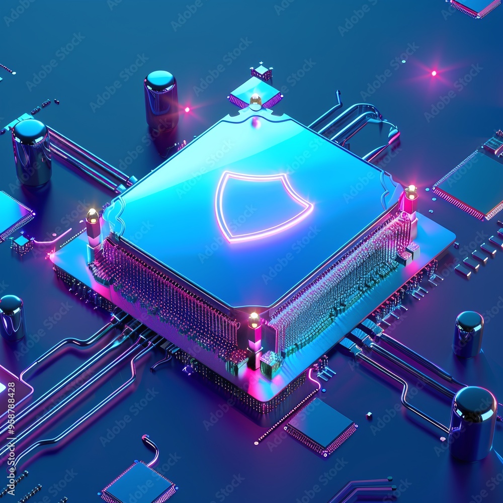 Poster a vibrant 3d illustration of a modern microchip with a glowing security shield symbol, representing 