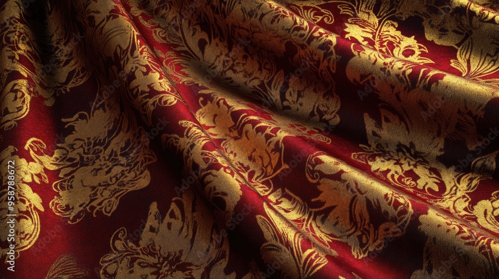 Aufkleber high-resolution digital rendering of a luxurious silk fabric with intricate floral patterns in gold 