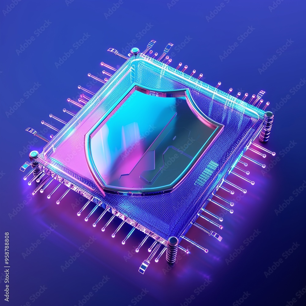 Poster abstract image of a microchip with a holographic shield, representing cybersecurity in vibrant color
