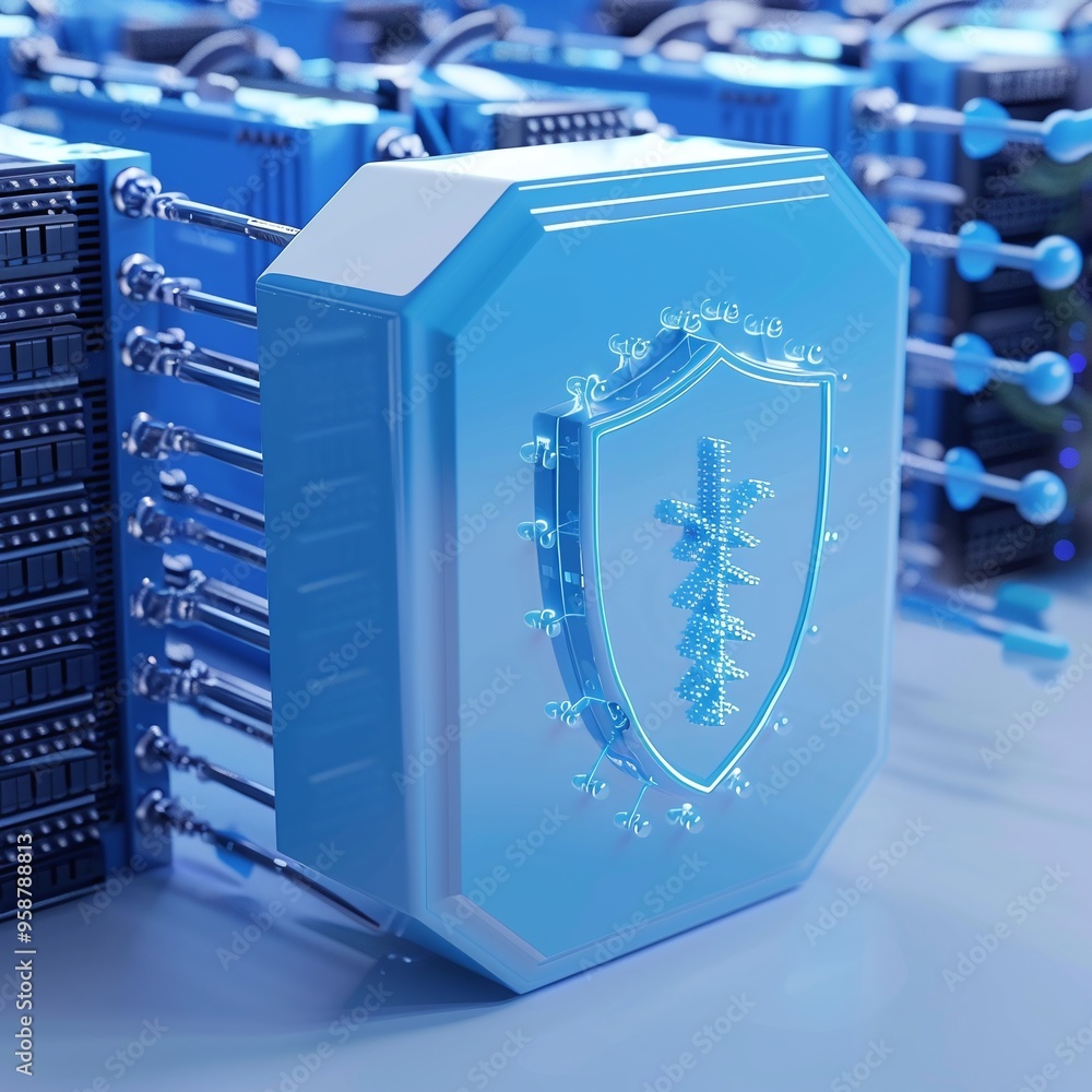 Poster advanced cybersecurity shield icon among servers, representing digital data protection and secure it
