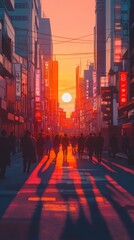 Fototapeta premium Crowds fill the lively city street as the sun sets, casting dramatic shadows and a warm glow over the urban landscape