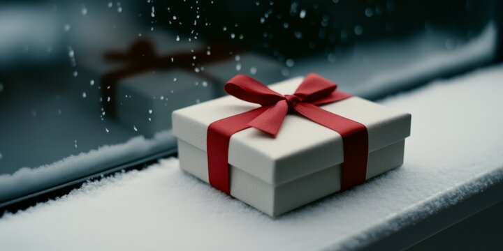 Gift box with a big red ribbon placed on a snowy windowsill soft winter light coming through the window simple and elegant design white and red palette