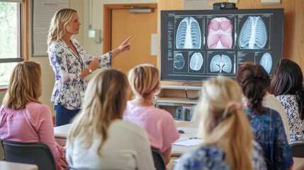 An educational image showing a group of women attentively listening to a breast cancer awareness lecture in a community hall, with the speaker pointing to a detailed anatomy chart and mammogram