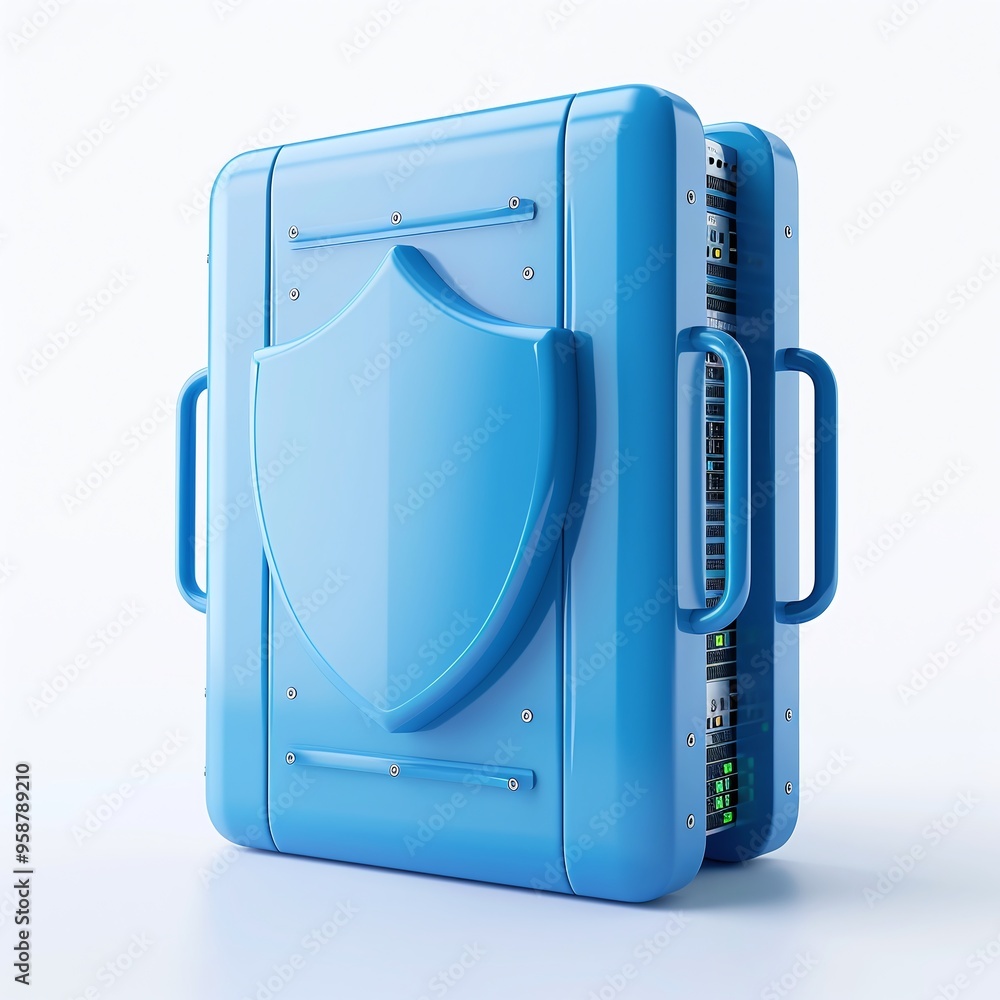 Poster blue secure server rack with a shield symbol, representing data protection and cybersecurity in a mo