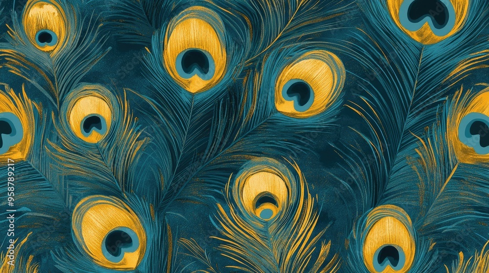 Poster high-resolution digital rendering of a silk pattern featuring peacock feather motifs in vibrant teal