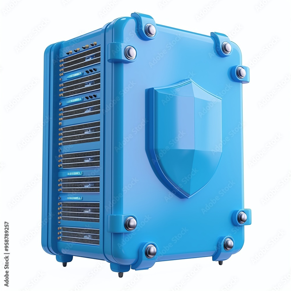 Poster blue secure server with a shield icon, representing cybersecurity and data protection in a high-tech