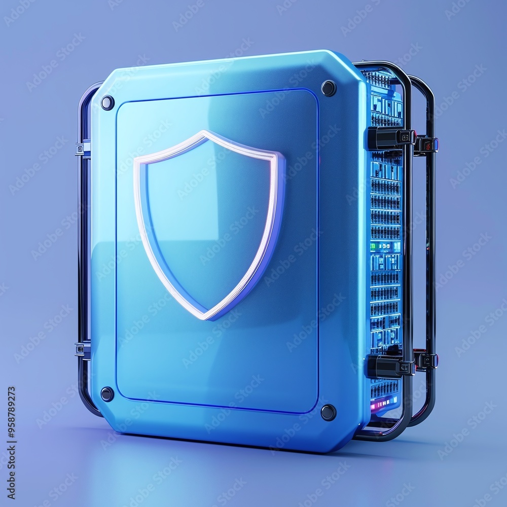 Poster blue security server box with a shield icon representing secure data storage and protection against 