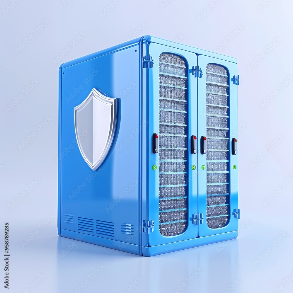 Poster blue server cabinet with a security shield symbol representing data protection and cybersecurity in 