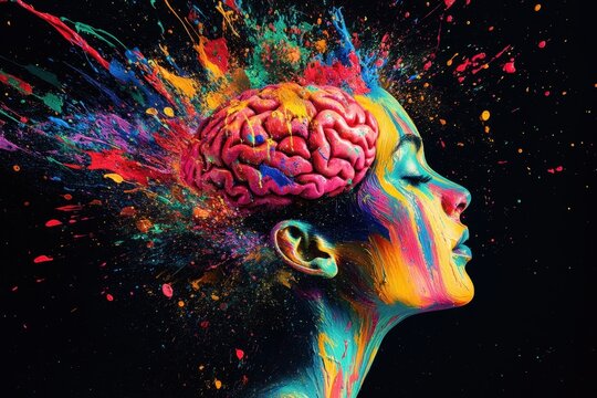 A colorful explosion of paint in the shape of a human head with a brain on a black background, a concept art for a colorful Generative AI