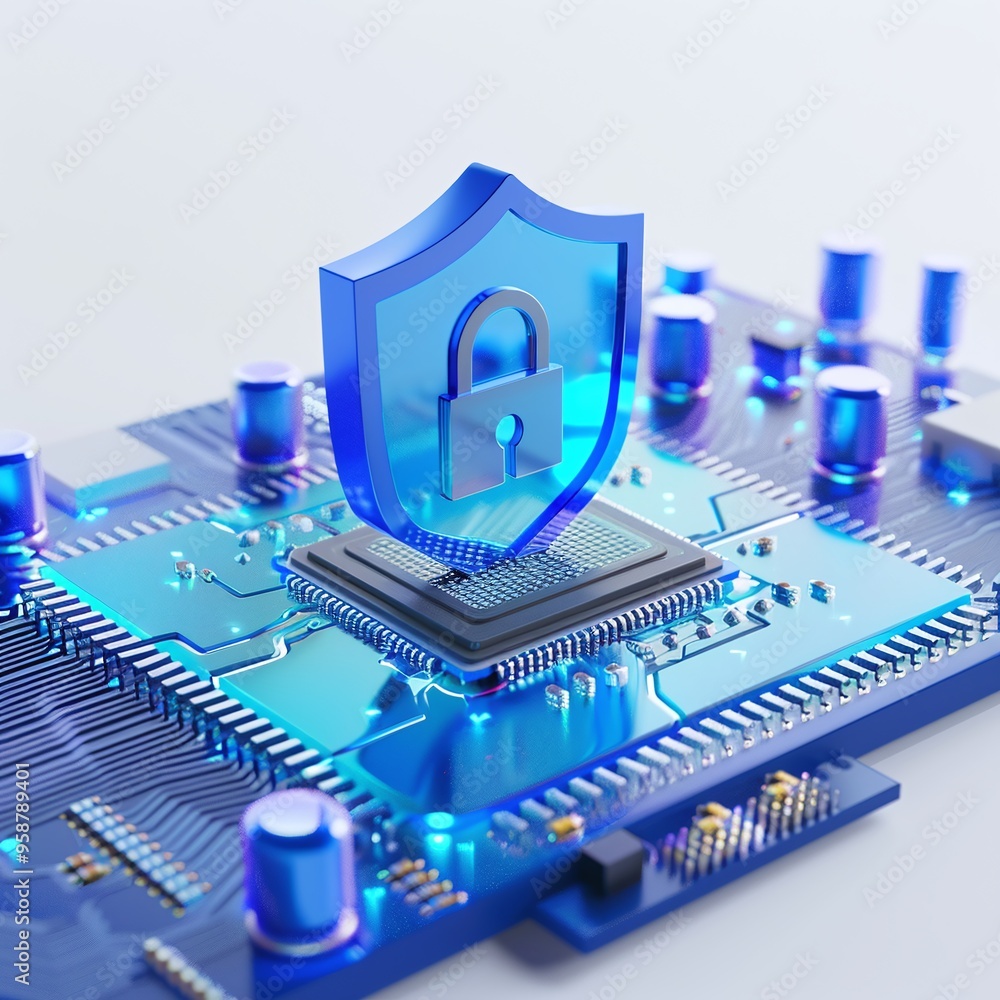 Poster blue shield and lock icon on microchip representing cybersecurity and data protection on a high-tech